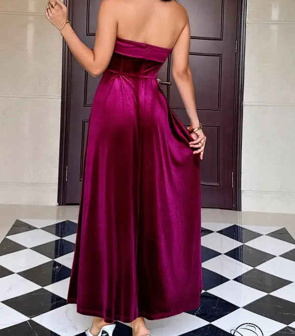 Burgundy satin strapless langry fashion gown with high slit and bow