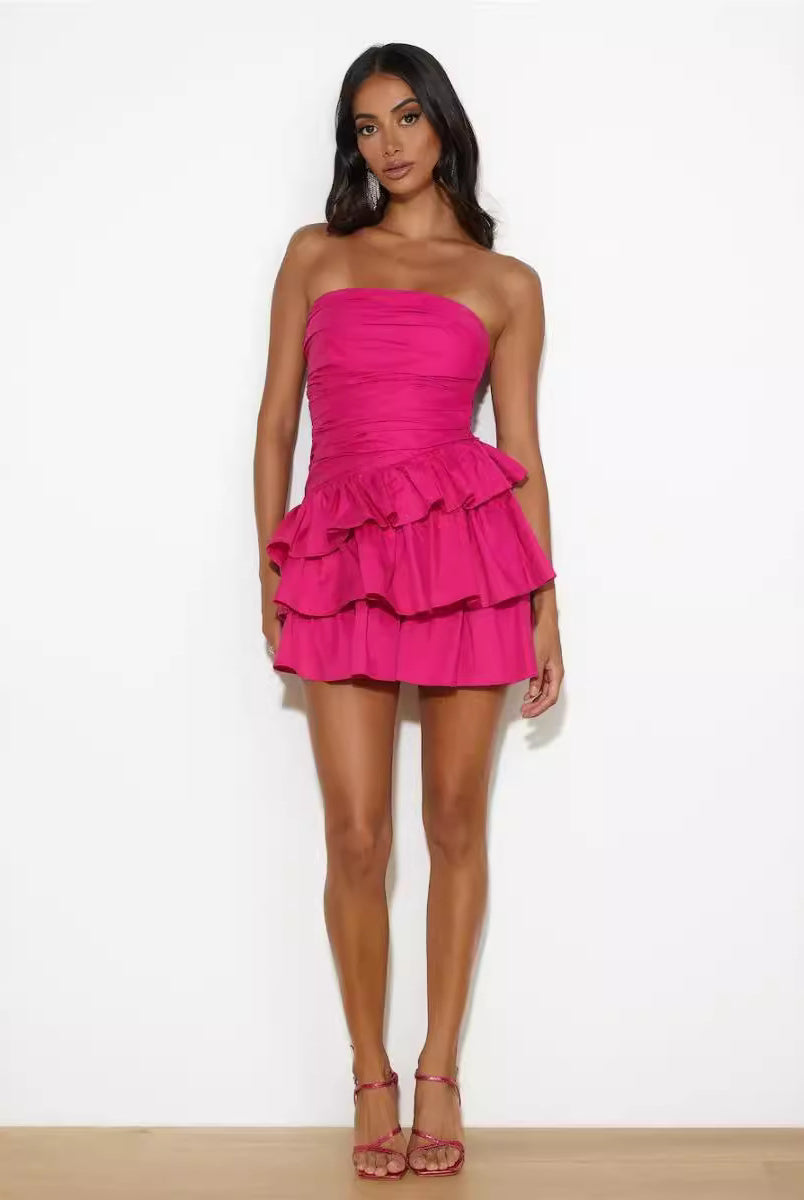 Hot pink strapless mini dress with tiered ruffles for chic fashion ملابس styling