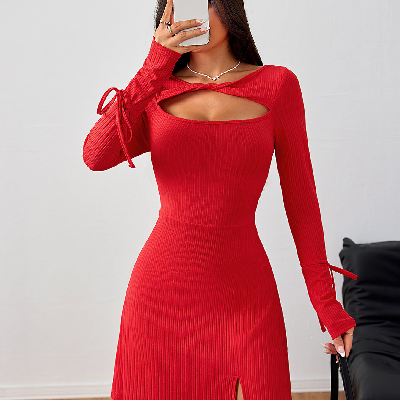 Attractive Slim Fit Red Short Dress featuring a cutout neckline and side slit in fashion
