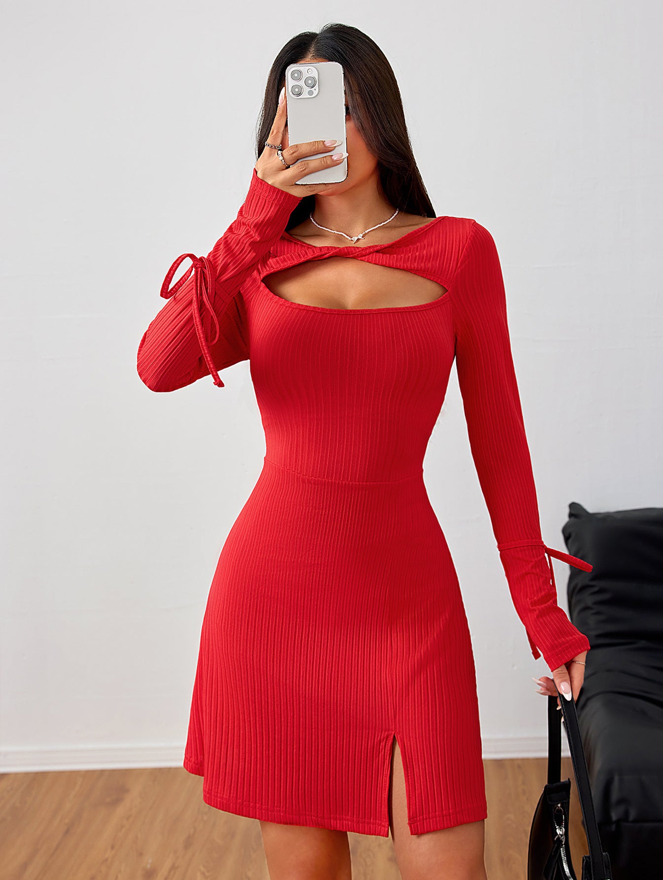 Attractive Slim Fit Red Short Dress featuring a cutout neckline and side slit in fashion