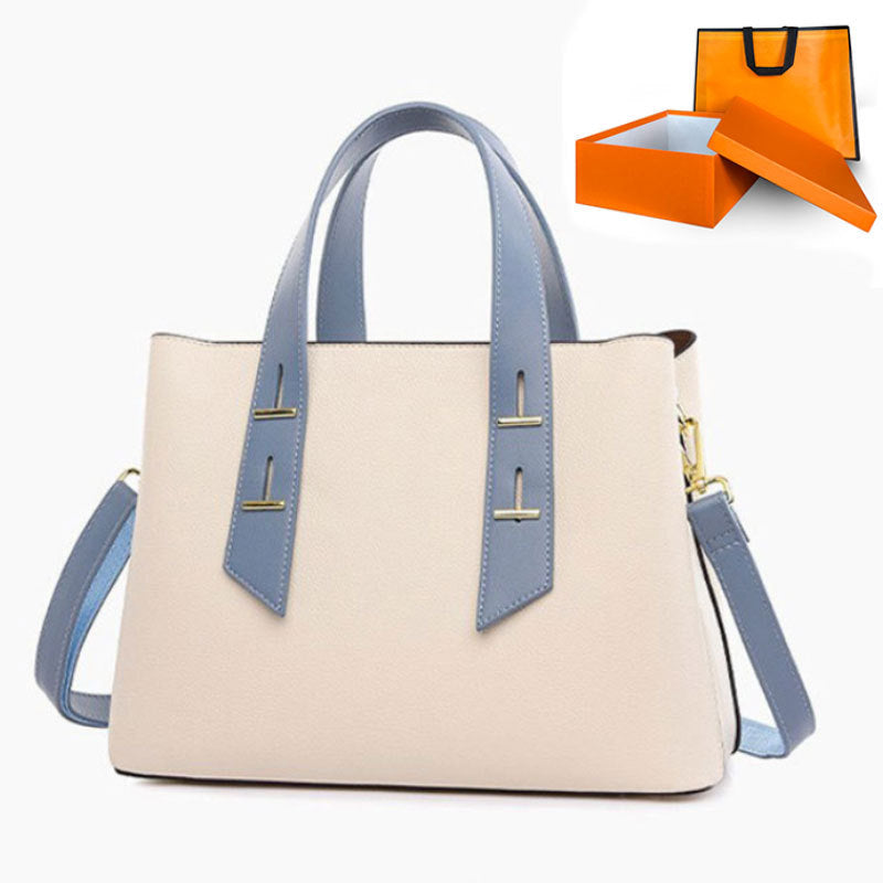 High-grade soft leather langry fashion handbag in cream with blue accents
