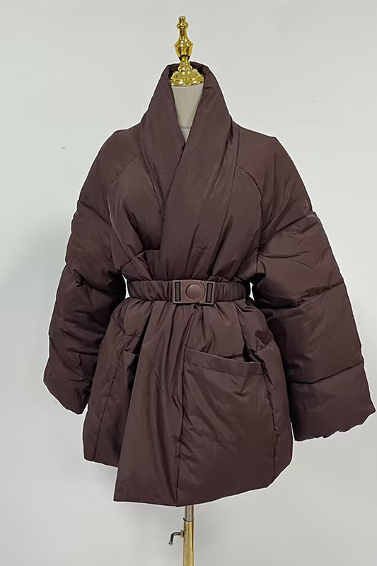 Elegant Langry brown puffer jacket with belt and pockets, fashion ملابس