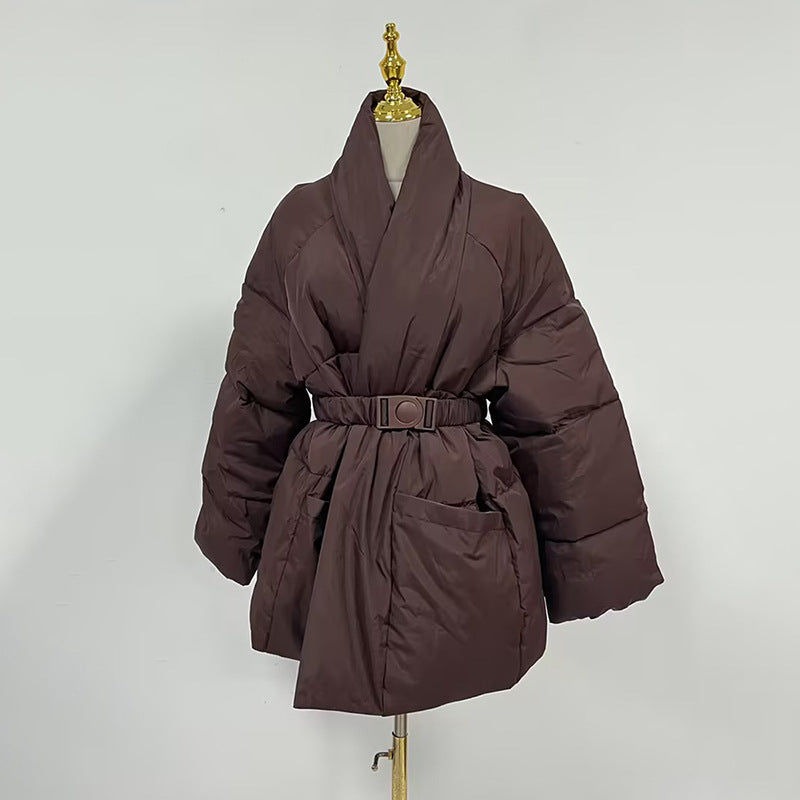 Elegant Langry brown puffer jacket with belt and pockets, fashion ملابس