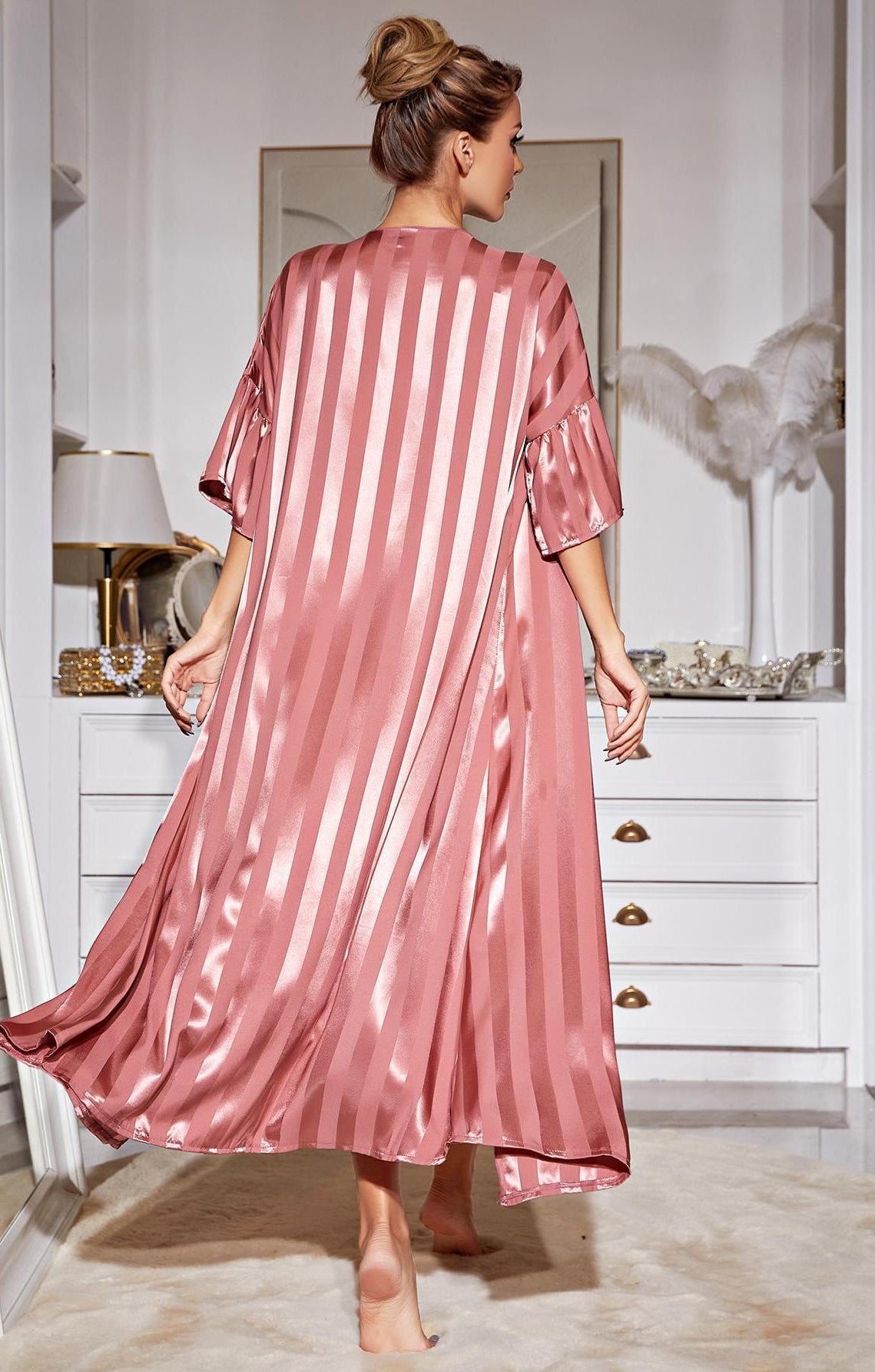 Elegant pink and white striped satin langry robe with bell sleeves