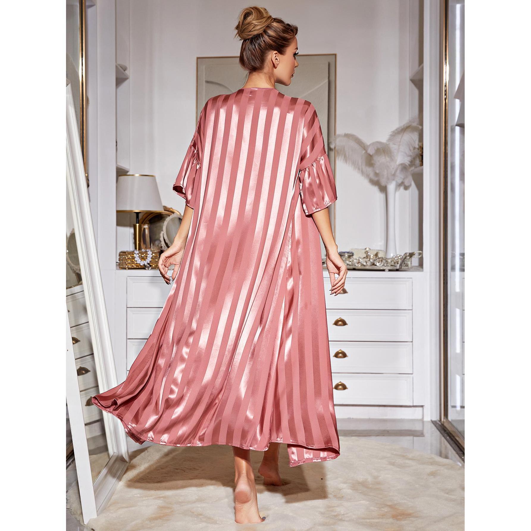 Elegant pink and white striped satin langry robe with bell sleeves