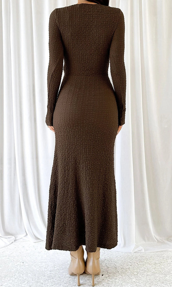 Brown textured long-sleeved dress from Beautiful Knitted Dress, perfect for langry fashion