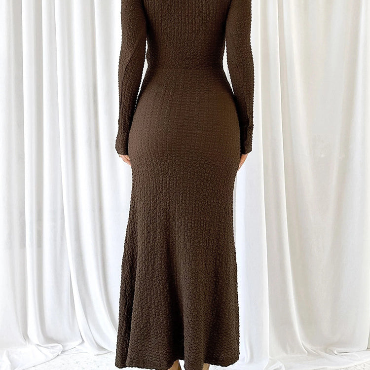 Brown textured long-sleeved dress from Beautiful Knitted Dress, perfect for langry fashion