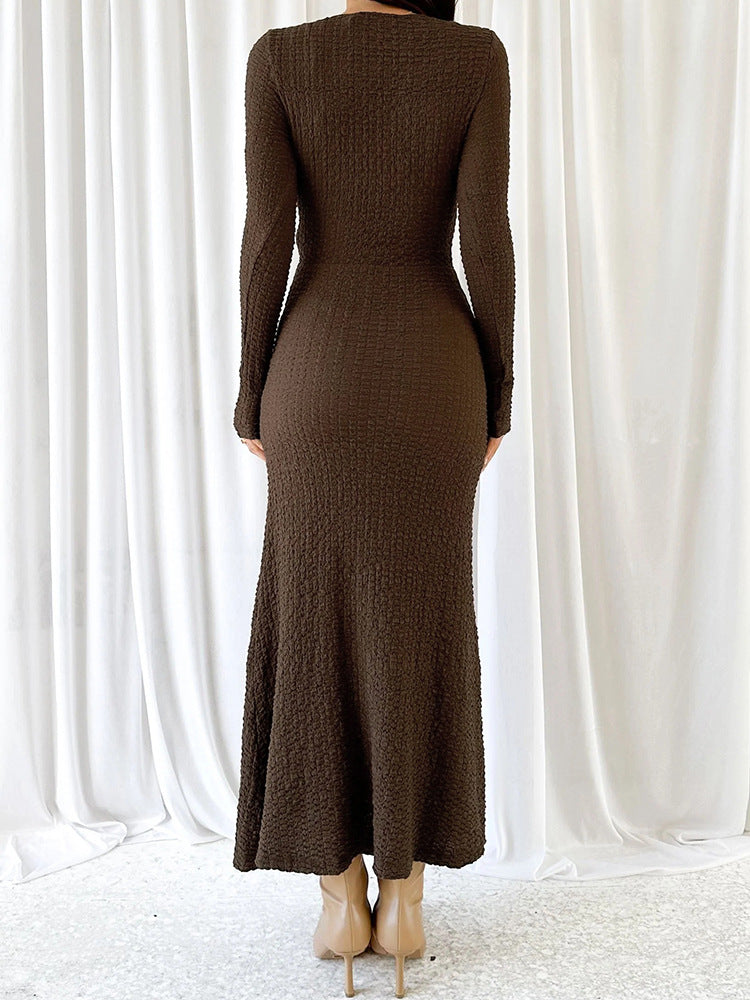 Brown textured long-sleeved dress from Beautiful Knitted Dress, perfect for langry fashion