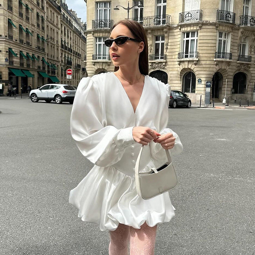 White puff-sleeve mini dress showcasing elegant langry fashion and trendy ملابس styles