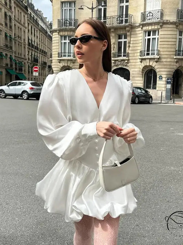 White v neck lantern sleeve pettidress casual fashion dress