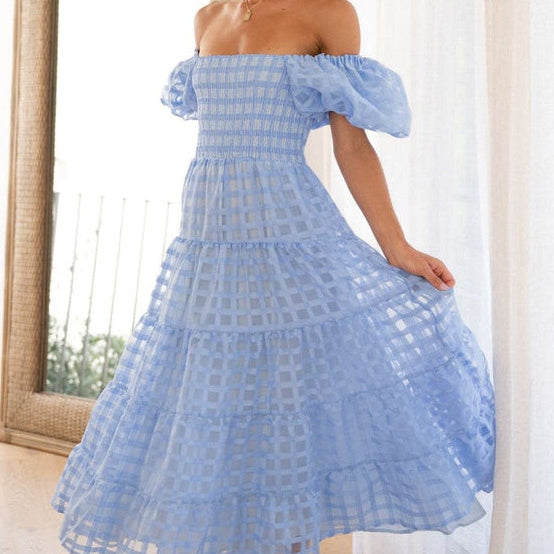 Light blue off-the-shoulder tiered Enchanting Lantern Sleeve Dress for fashionable ملابس