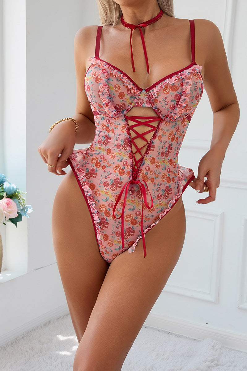Langry floral corset bodysuit in fashion ملابس with red lace-up accents