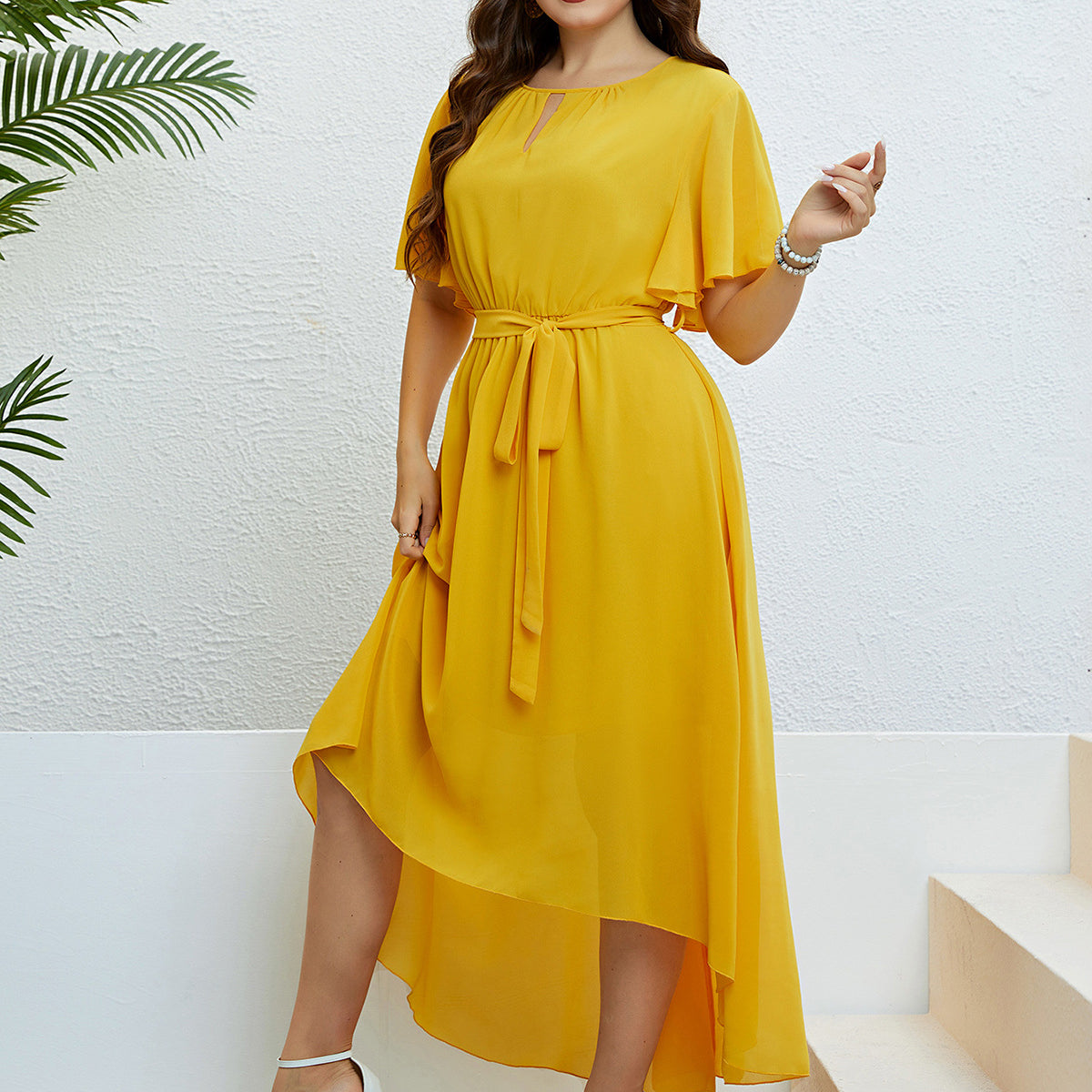 Mustard yellow high-low dress with flutter sleeves from Elegant Lace collection, free shipping available