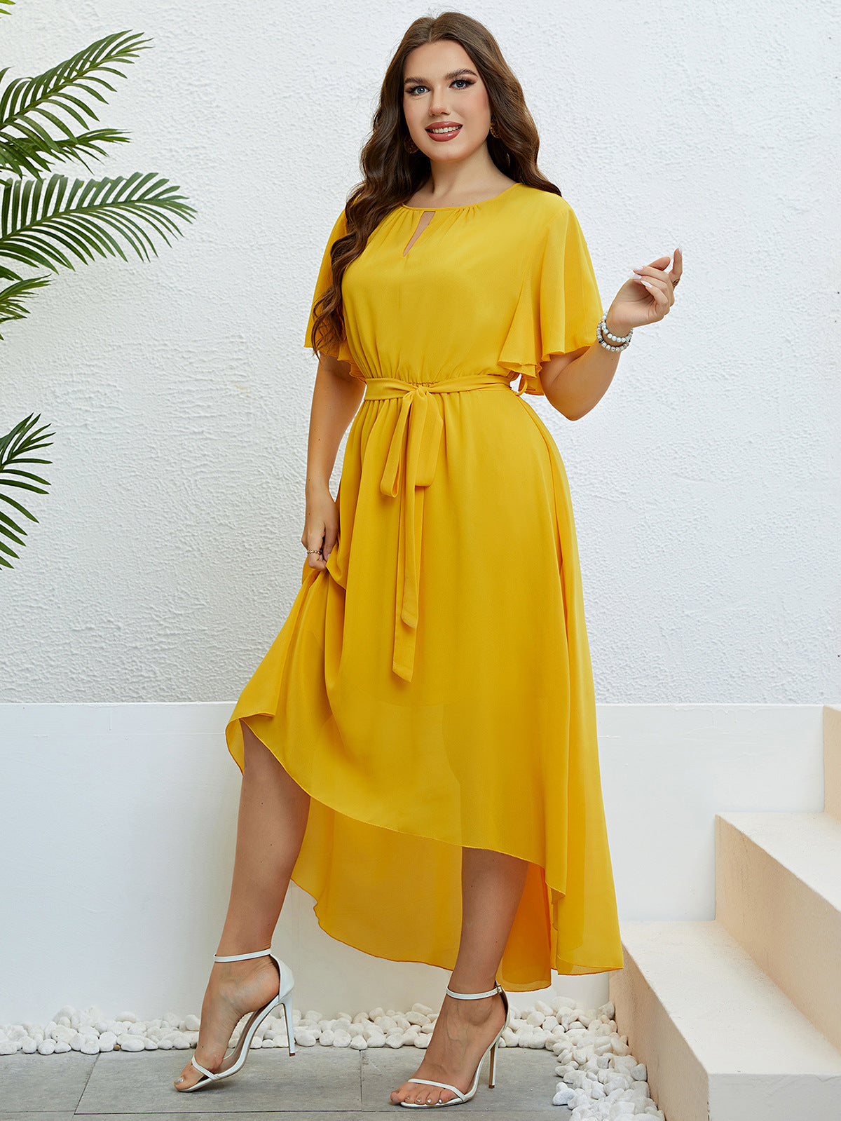 Mustard yellow high-low dress with flutter sleeves from Elegant Lace collection, free shipping available