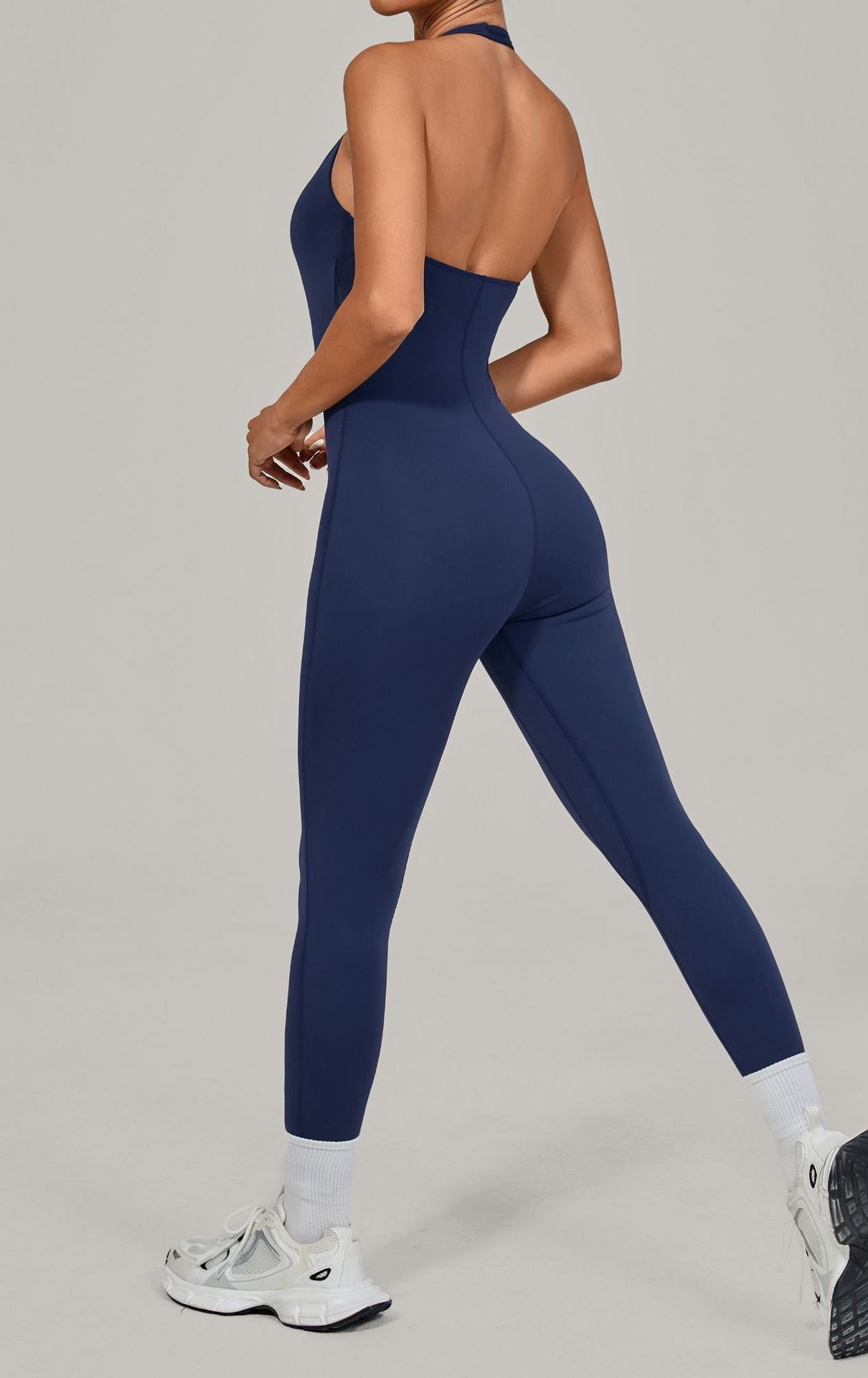 Langry navy blue high-waisted seamless halter yoga jumpsuit for fashion ملابس