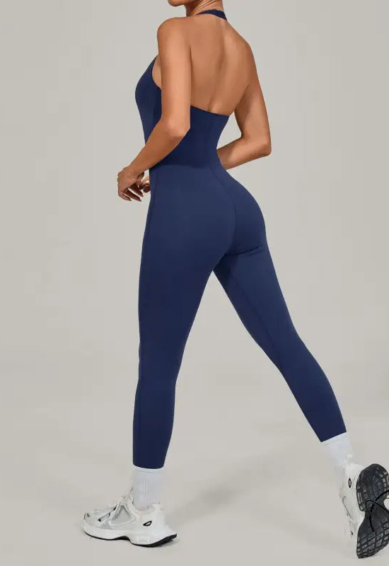 Navy blue high-waisted seamless Langry halter yoga jumpsuit for outdoor fashion