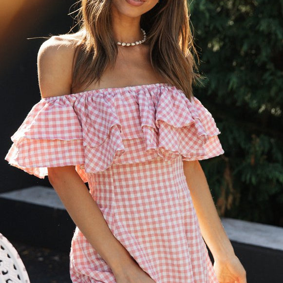 Elegant Plaid Off-shoulder Ruffled Collar Dress