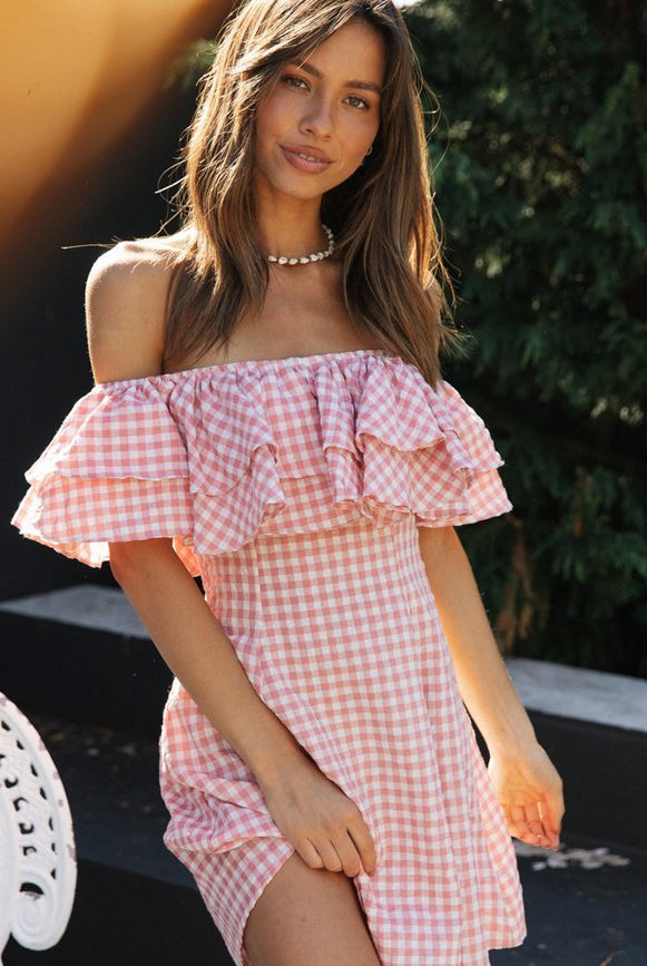 Elegant Plaid Off-shoulder Ruffled Collar Dress