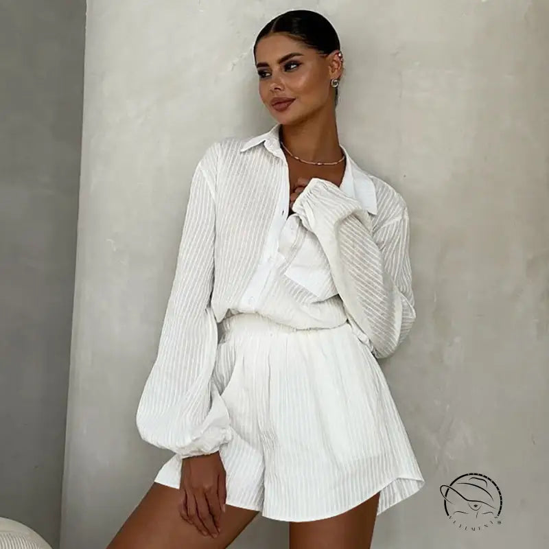 Woman in pure cotton long sleeves home wear shirt and shorts