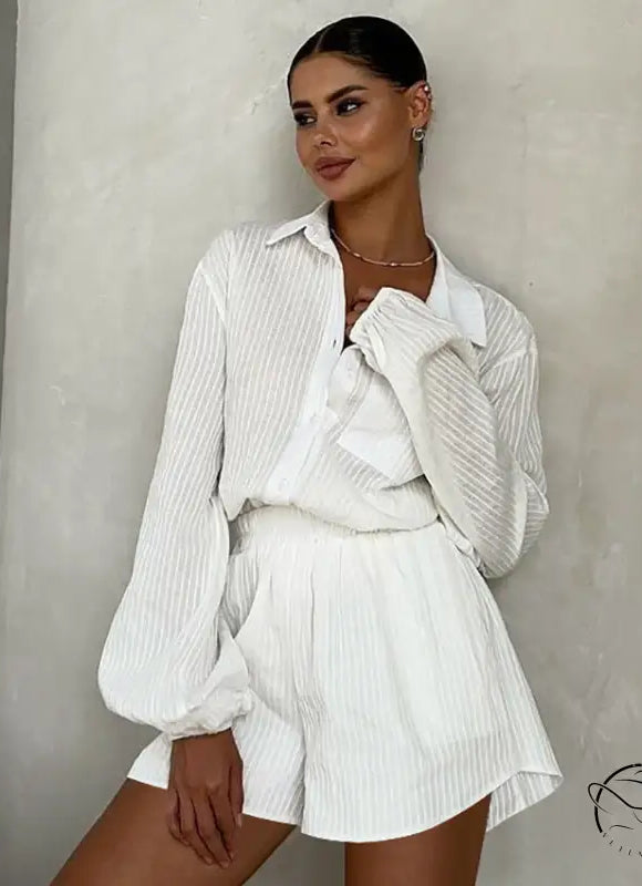 Woman modeling pure cotton long sleeves home wear button-up shirt and shorts set