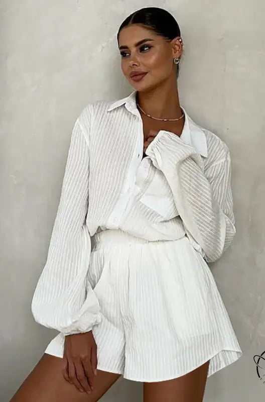 Woman modeling pure cotton long sleeves home wear button-up shirt and shorts set