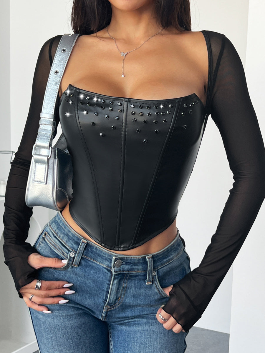 Faux leather black studded corset top with sheer sleeves for edgy fashion style
