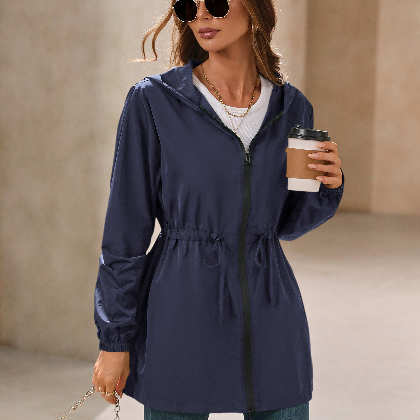 Navy hooded outdoor raincoat with drawstring for women, waterproof windcheater jacket