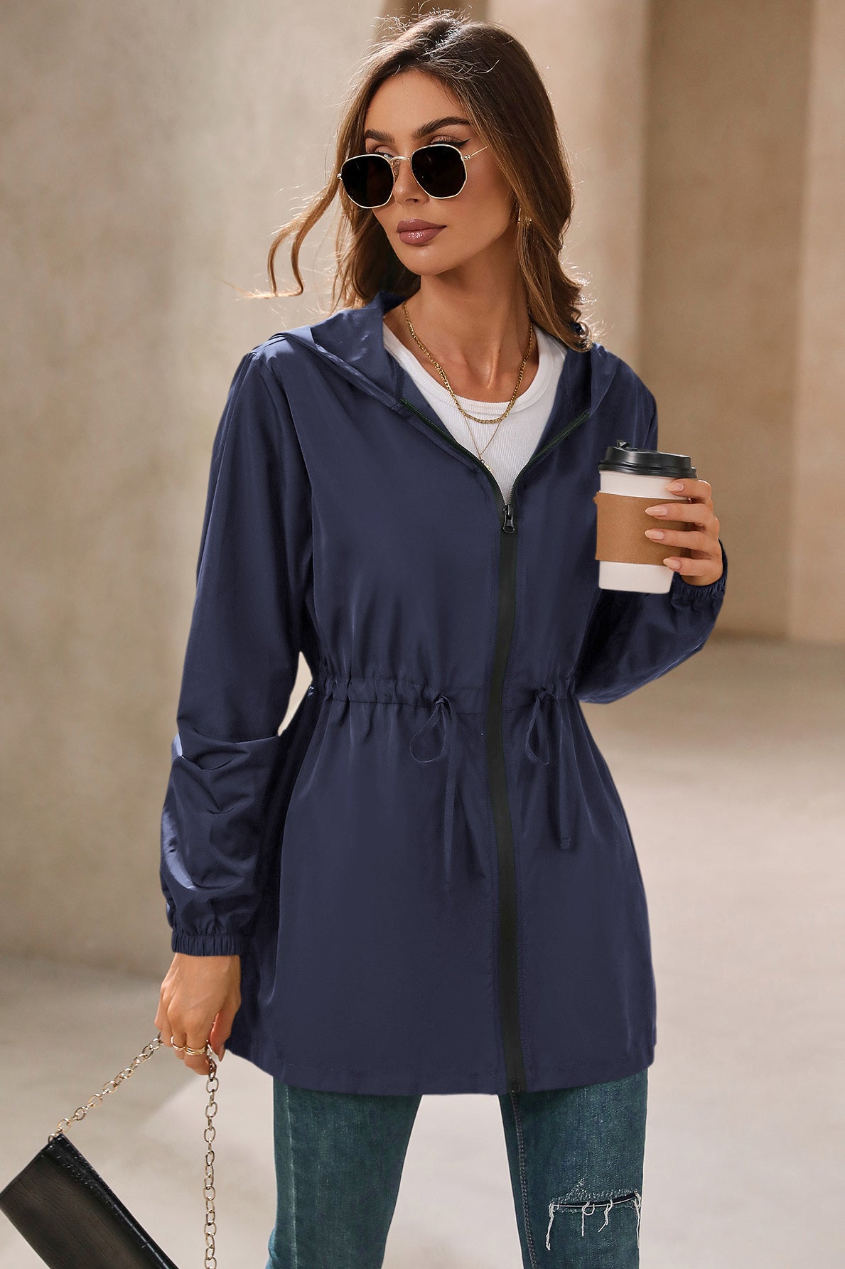 Navy hooded outdoor raincoat with drawstring for women, waterproof windcheater jacket