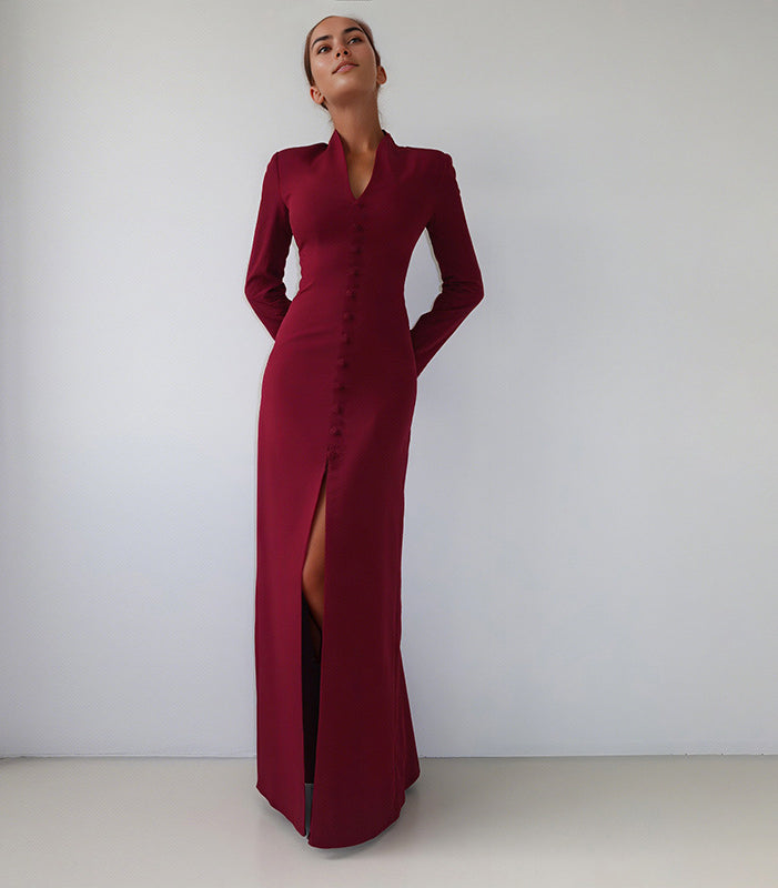 Burgundy langry fashion maxi dress with high slit and deep neckline