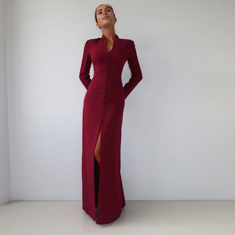 Burgundy langry fashion maxi dress with high slit and deep neckline