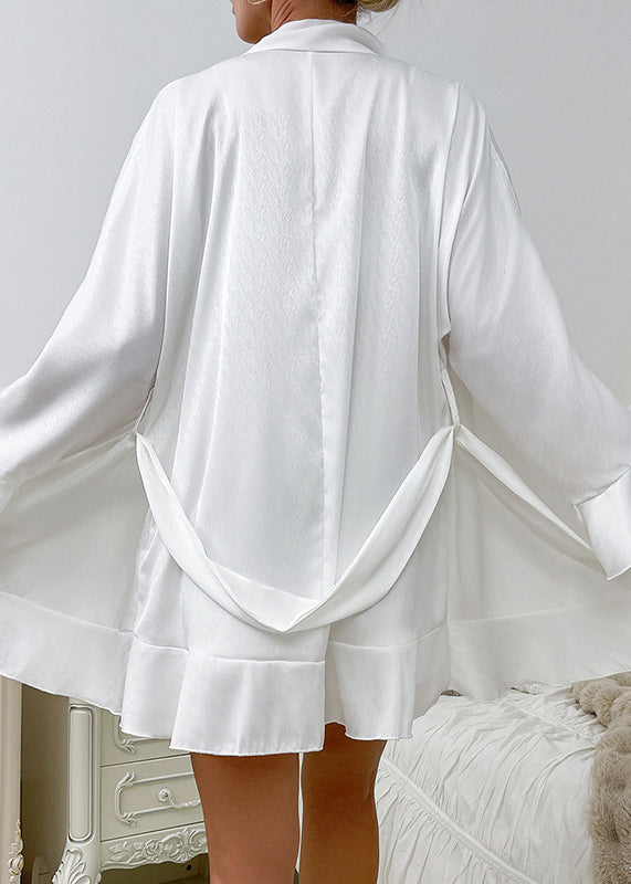 Elegant white satin langry robe with tassels, Vera Wang-inspired fashion pajamas