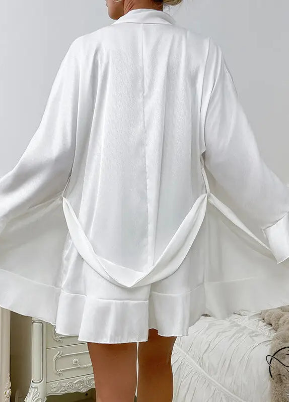 Elegant white satin langry robe with tassels, ruffled hem by Vera Wang fashion