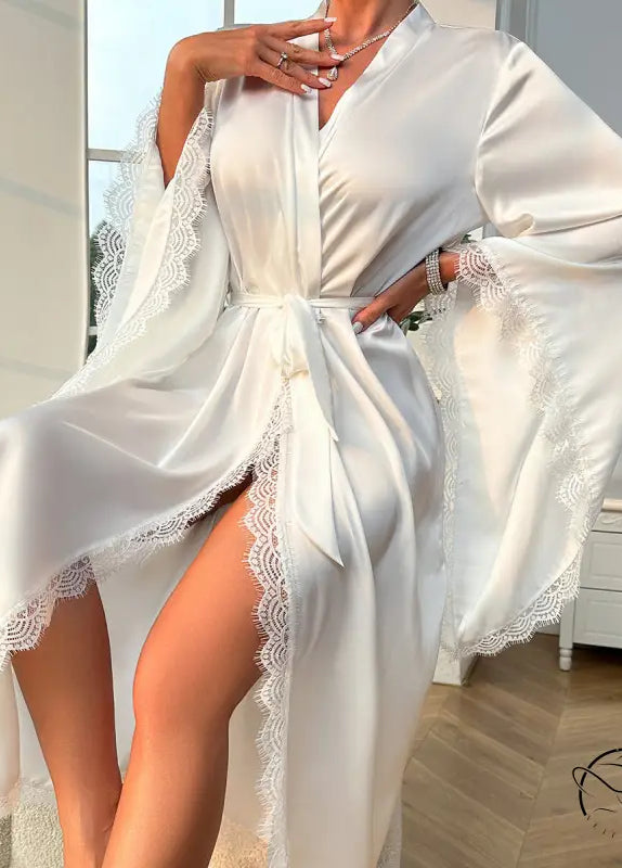 Elegant long sleeve white satin nightgown with lace trim
