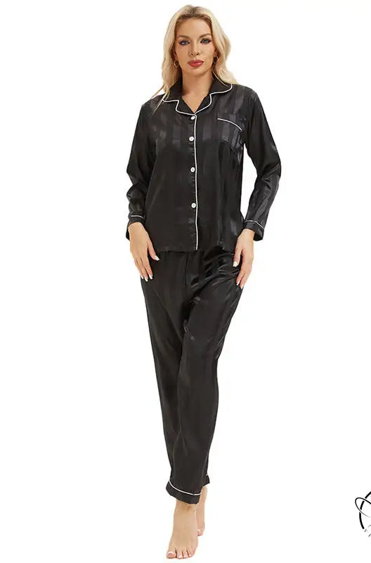 Black satin langry pajamas with shimmer, white piping, bold stripes