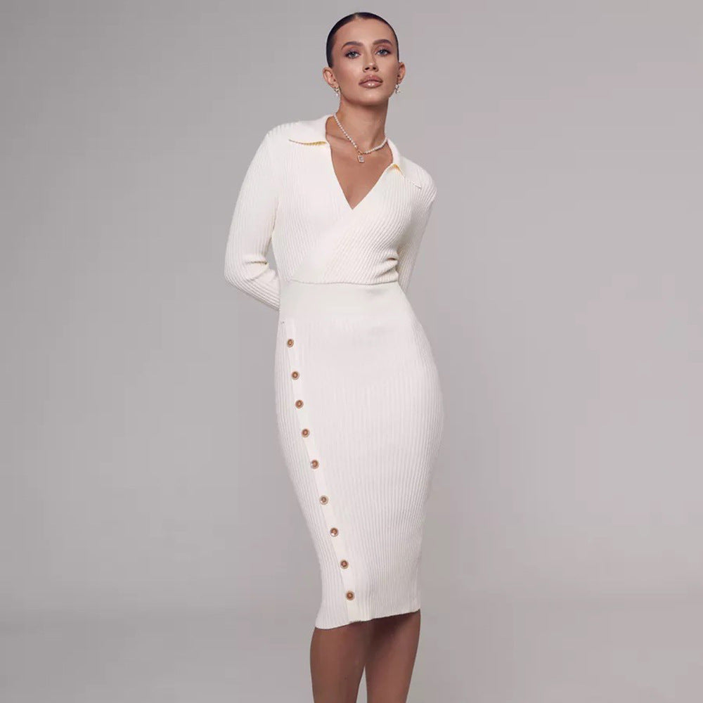 Cream-colored knitted dress with an elegant polo collar and button details for autumn winter