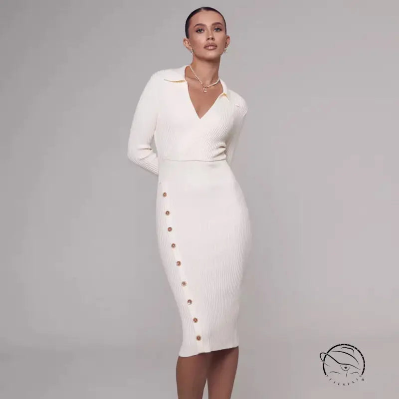 Elegant polo collar cream-colored ribbed knitted dress with buttons