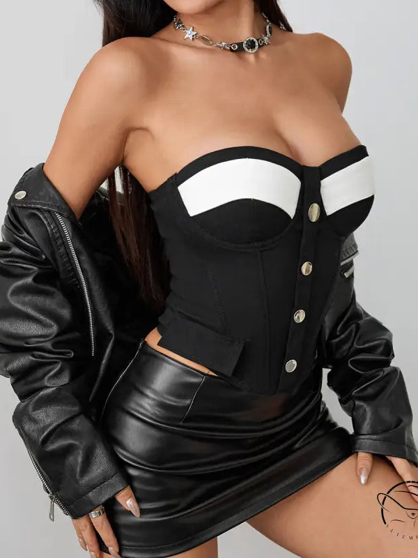 Black leather mini skirt with chest pad boning and high waistband