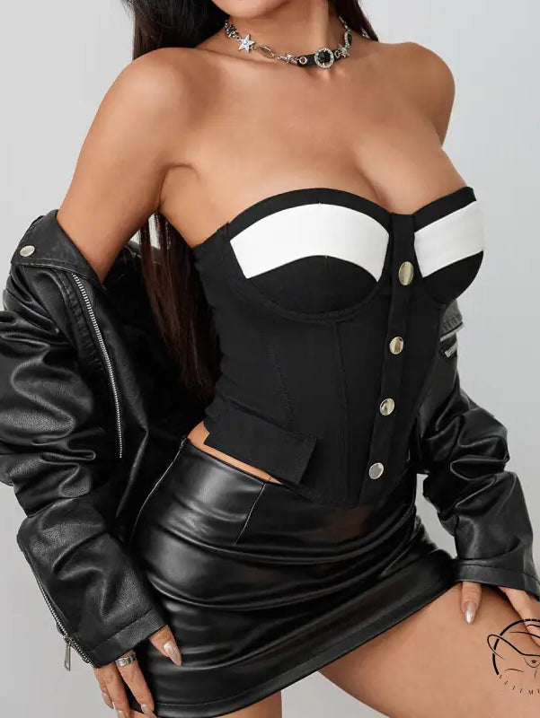 Black leather mini skirt with chest pad boning and high waistband