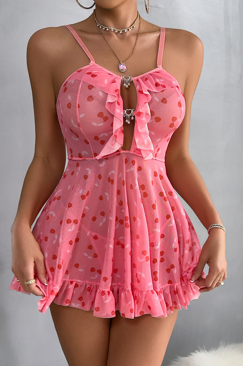 Cute Pink Slip Nightdress featuring a delicate pink cherry-patterned design in fashion