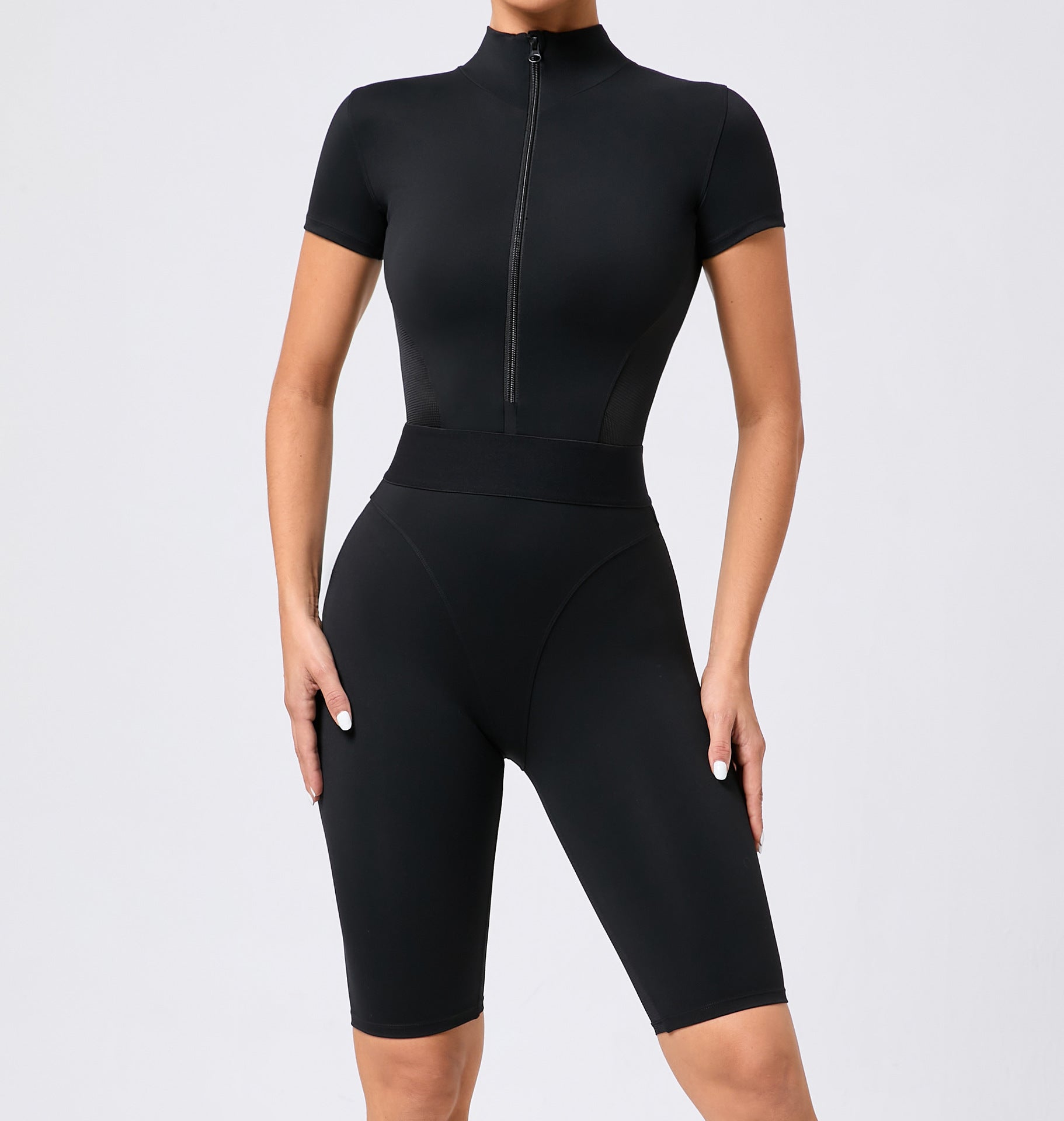 Tight Waist Open Collar Zipper Short Sleeve Yoga Jumpsuit Women Patchwork Fitness Sports