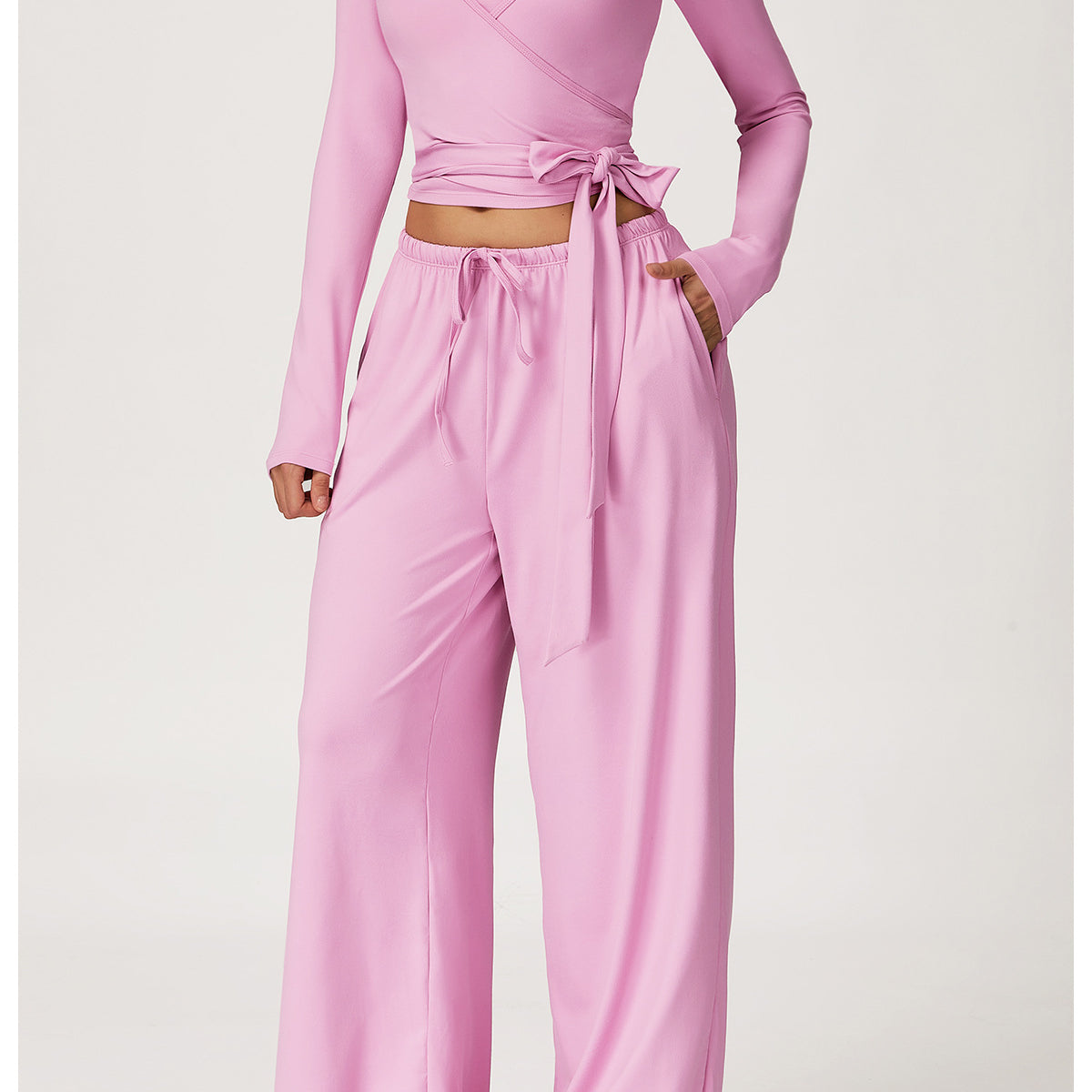 Langry lavender satin two-piece fashion set with tie waist and pockets