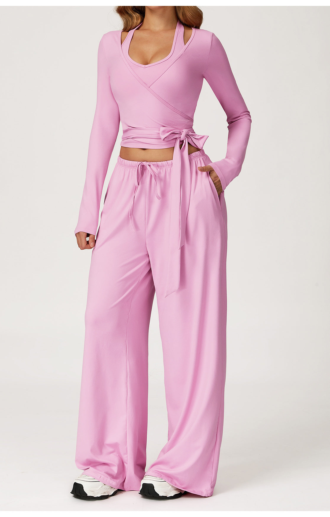 Langry lavender satin two-piece fashion set with tie waist and pockets