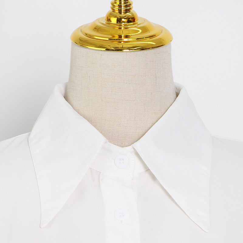 Elegant white long sleeve collared shirt with ostrich feather stitching for sophisticated fashion