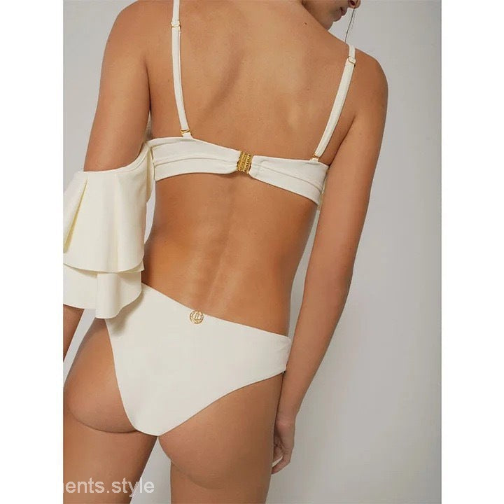 Cream-colored ruffled shoulder bikini from the Elegant Retro Swimsuit collection