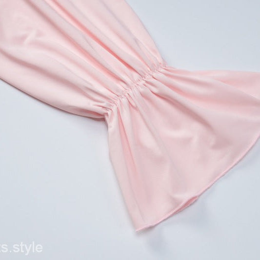 Pink long-sleeved blouse with ruffled cuff for sexy halter low cut ruffled dress style