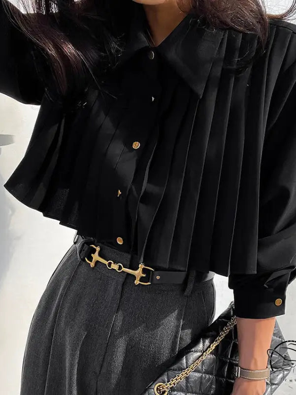 French elegant chiffon black pleated blouse with gold buttons