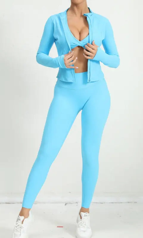 Light blue three piece yoga clothes suit with zipper and drawstring