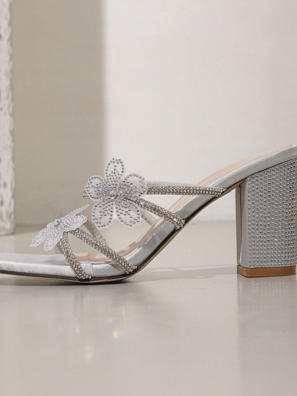 Langry fashion silver rhinestone high heel butterfly sandal with floral embellishment