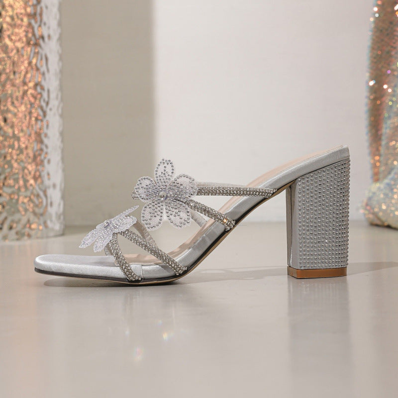 Langry fashion silver rhinestone high heel butterfly sandal with floral embellishment