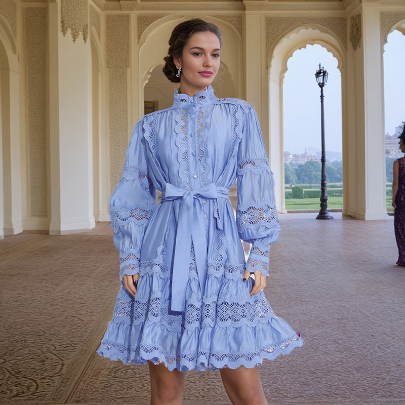 Light blue lace-trimmed Elegant French Vintage Dress for stylish fashion choices